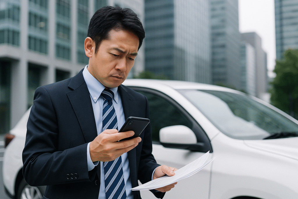 スーツ姿の男性が社用車の前でスマホと書類を持ち、忙しそうに確認している様子