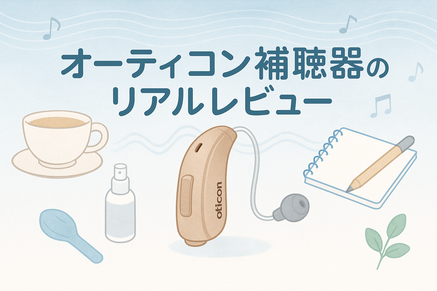 「オーティコン補聴器を着けた40代男性が快適に過ごす日常風景のイラスト」
