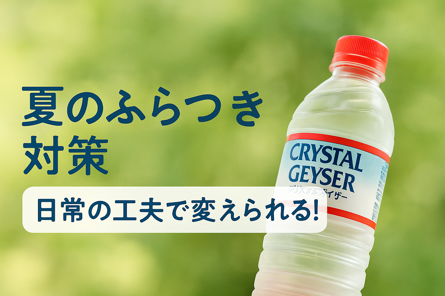 夏のふらつき対策をテーマにした、クリスタルガイザーのボトルとキャッチコピー入りの画像