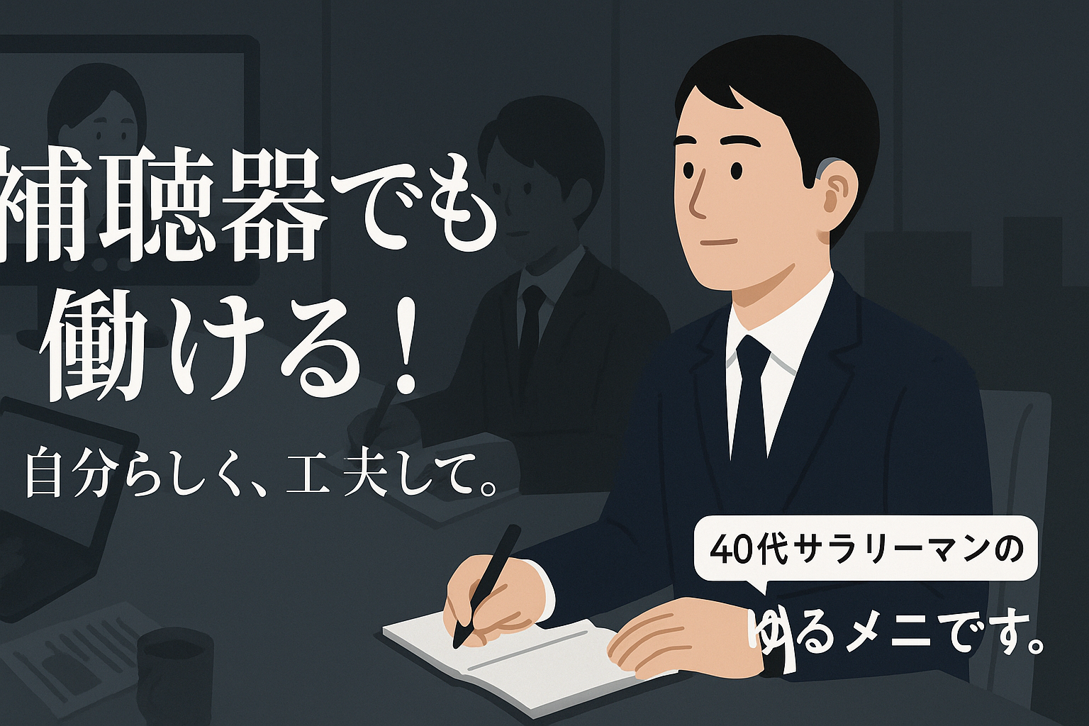 オフィスで働く補聴器ユーザーの男性が会議に参加しながらも前向きに工夫している様子のイラスト