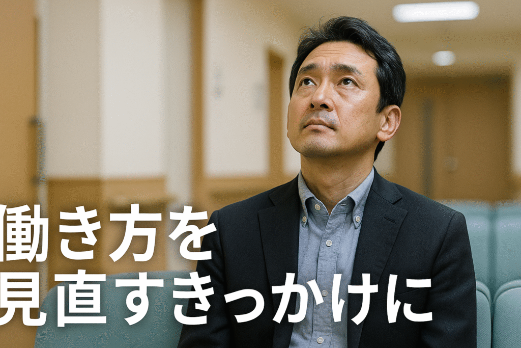 病院の待合室で天井を見上げ、物思いにふけるスーツ姿の男性