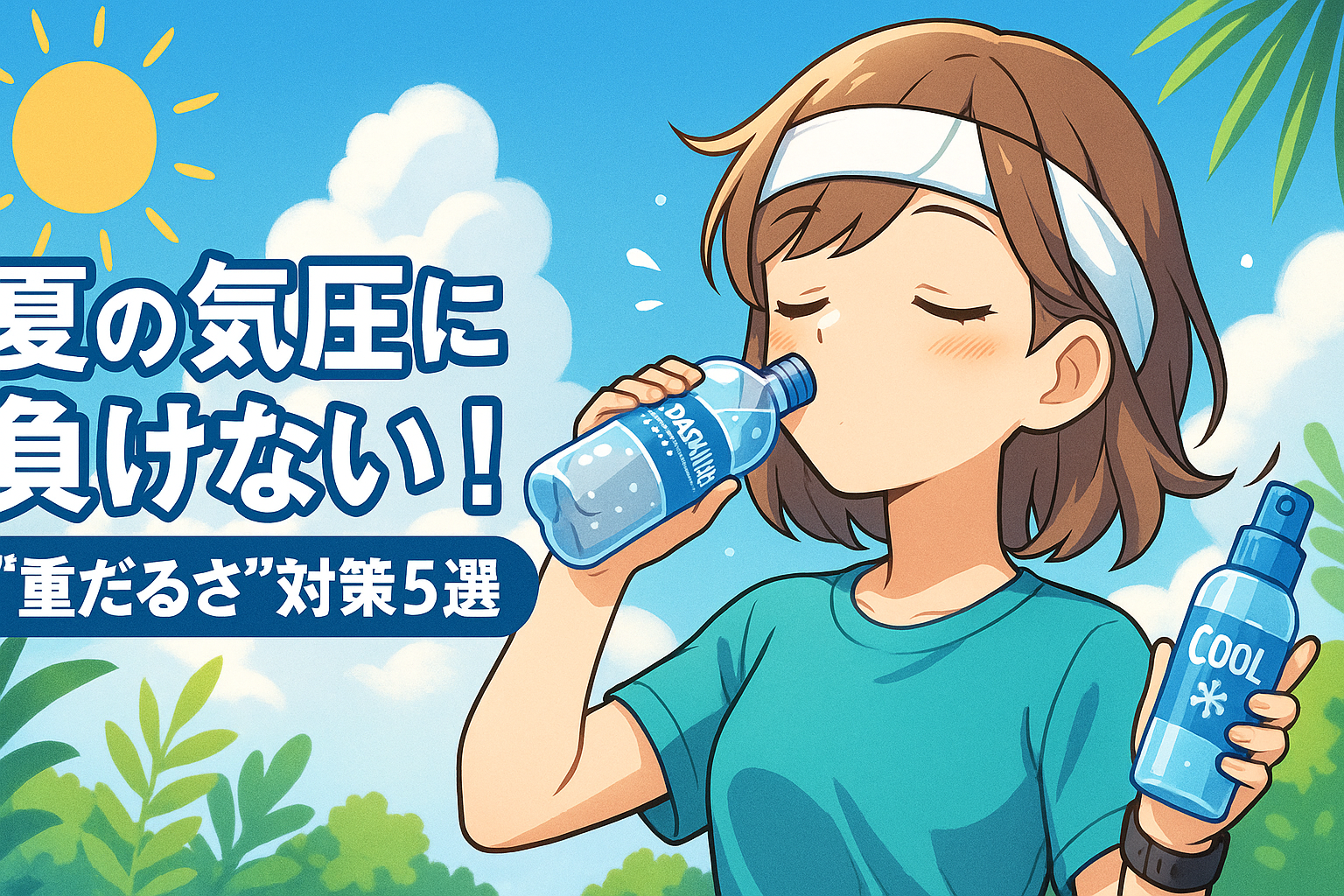 夏の気圧対策に取り組む女性のイラスト。冷却スプレーと水分補給で暑さを乗り切る様子。