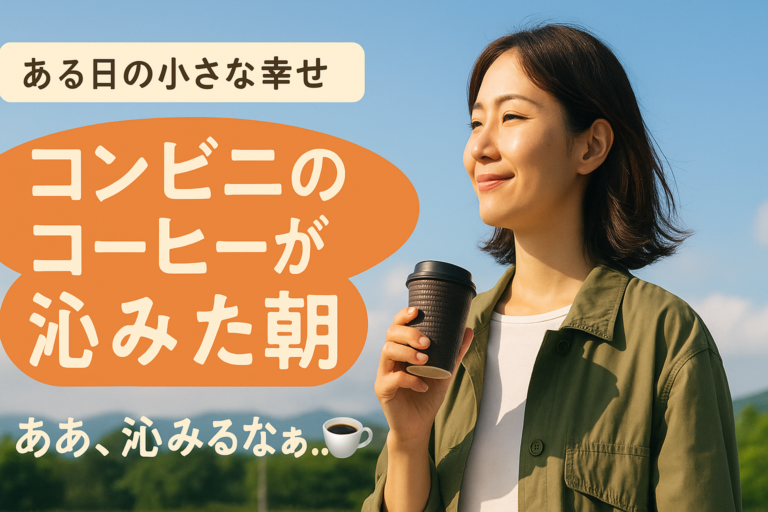 朝のコンビニでホットコーヒーを手に微笑む女性。晴れた空の下、静かで穏やかな時間を楽しむ様子。