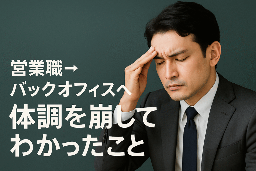 スーツ姿の男性が額に手を当てて苦悩する表情を見せる様子と、「営業職→バックオフィスへ 体調を崩してわかったこと」の文字