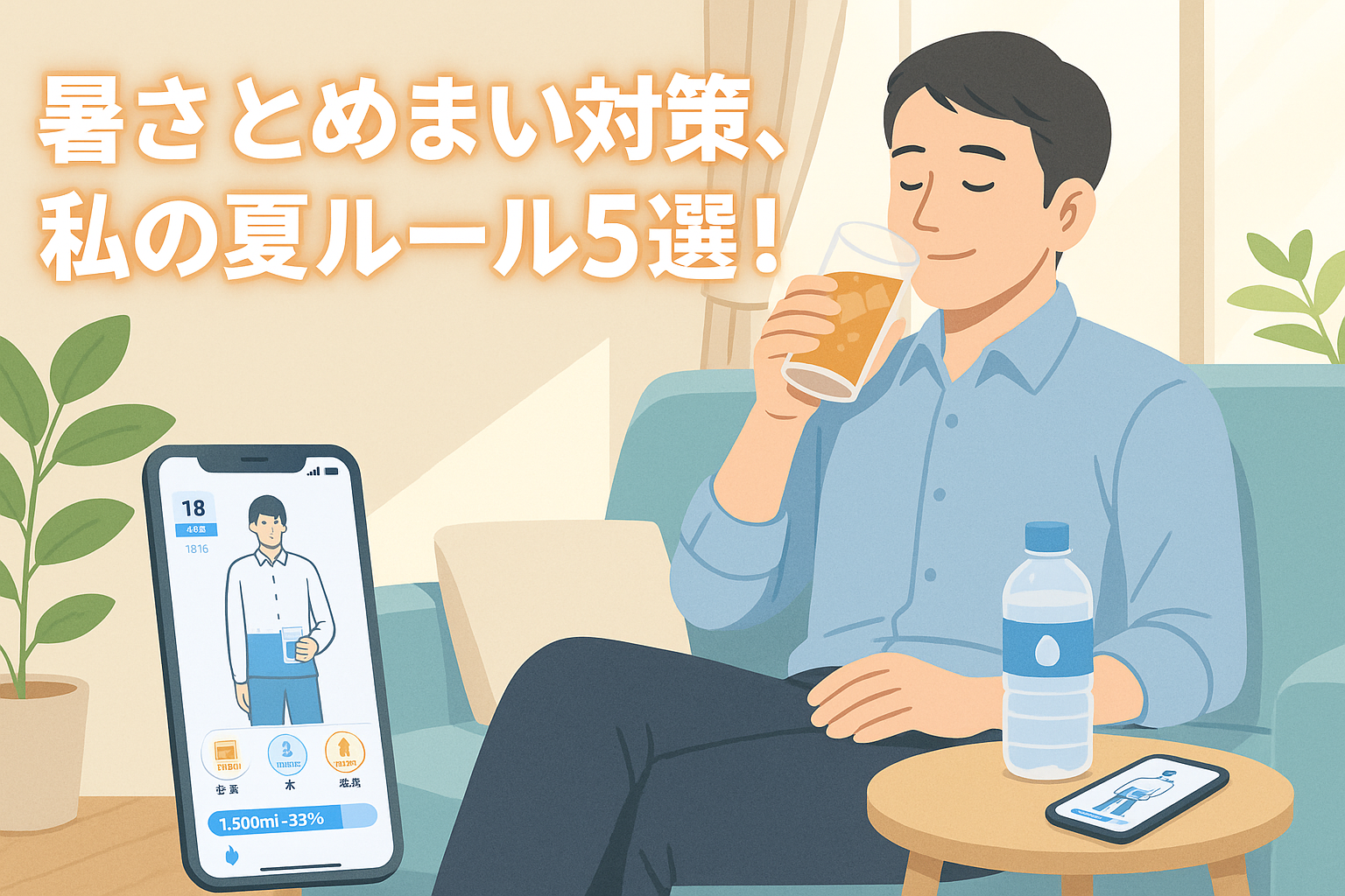 ソファで水分補給をする中年男性とスマホの水分管理アプリの画面