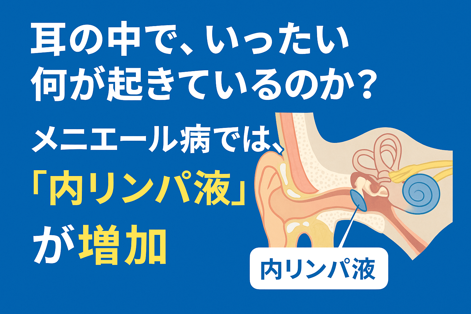 メニエール病による内リンパ液の増加を説明する耳の断面図イラストと日本語テキスト