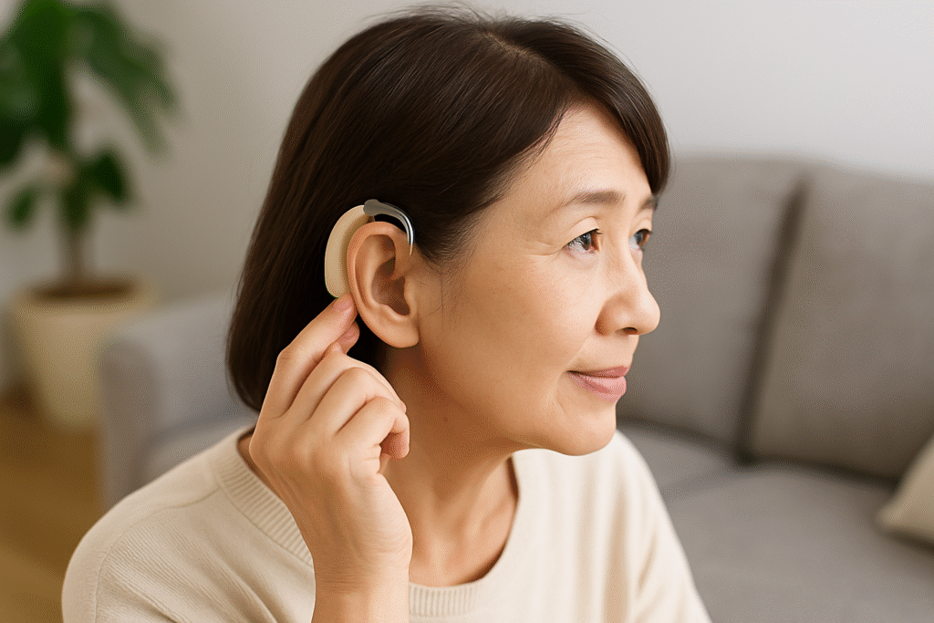 補聴器を耳に装着する中年女性が穏やかに微笑む室内での様子