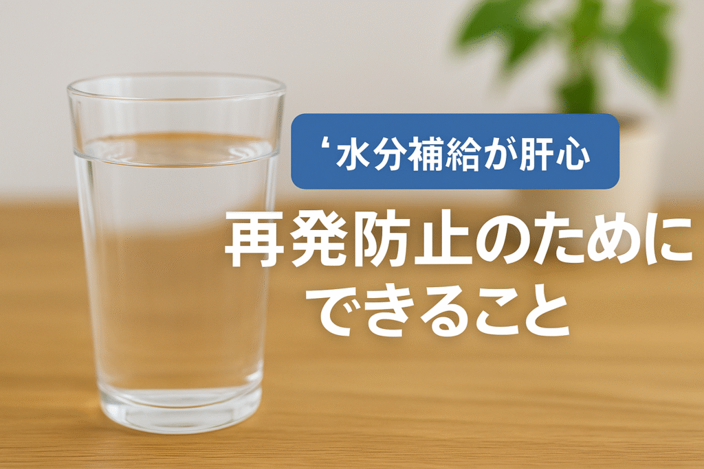 コップに入った常温の水と「水分補給が肝心 再発防止のためにできること」の日本語テキストが重なった写真