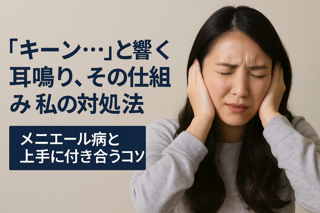 耳鳴りに悩む女性と「メニエール病と上手に付き合うコツ」というタイトルが表示された画像