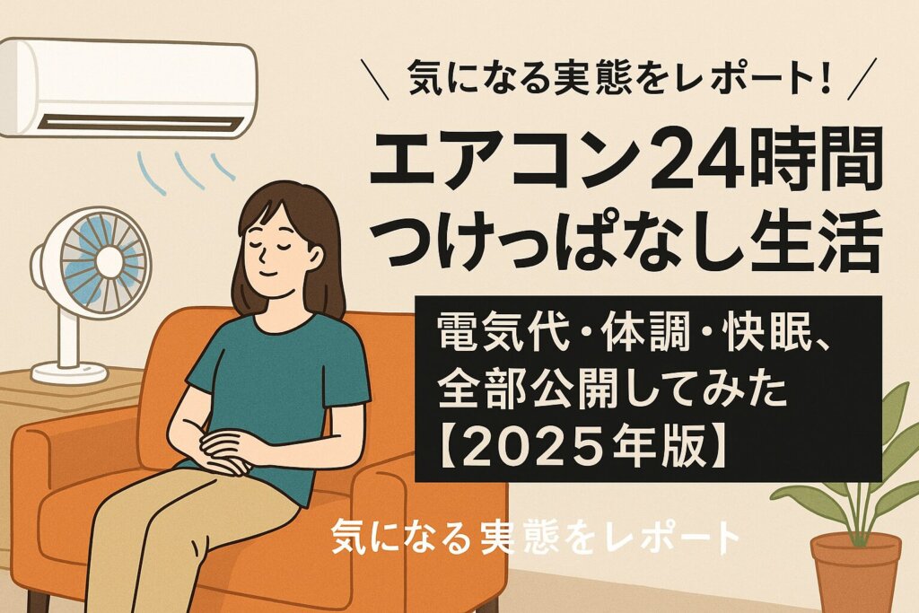エアコン24時間つけっぱなし生活の快適さと節電効果を伝えるイラスト