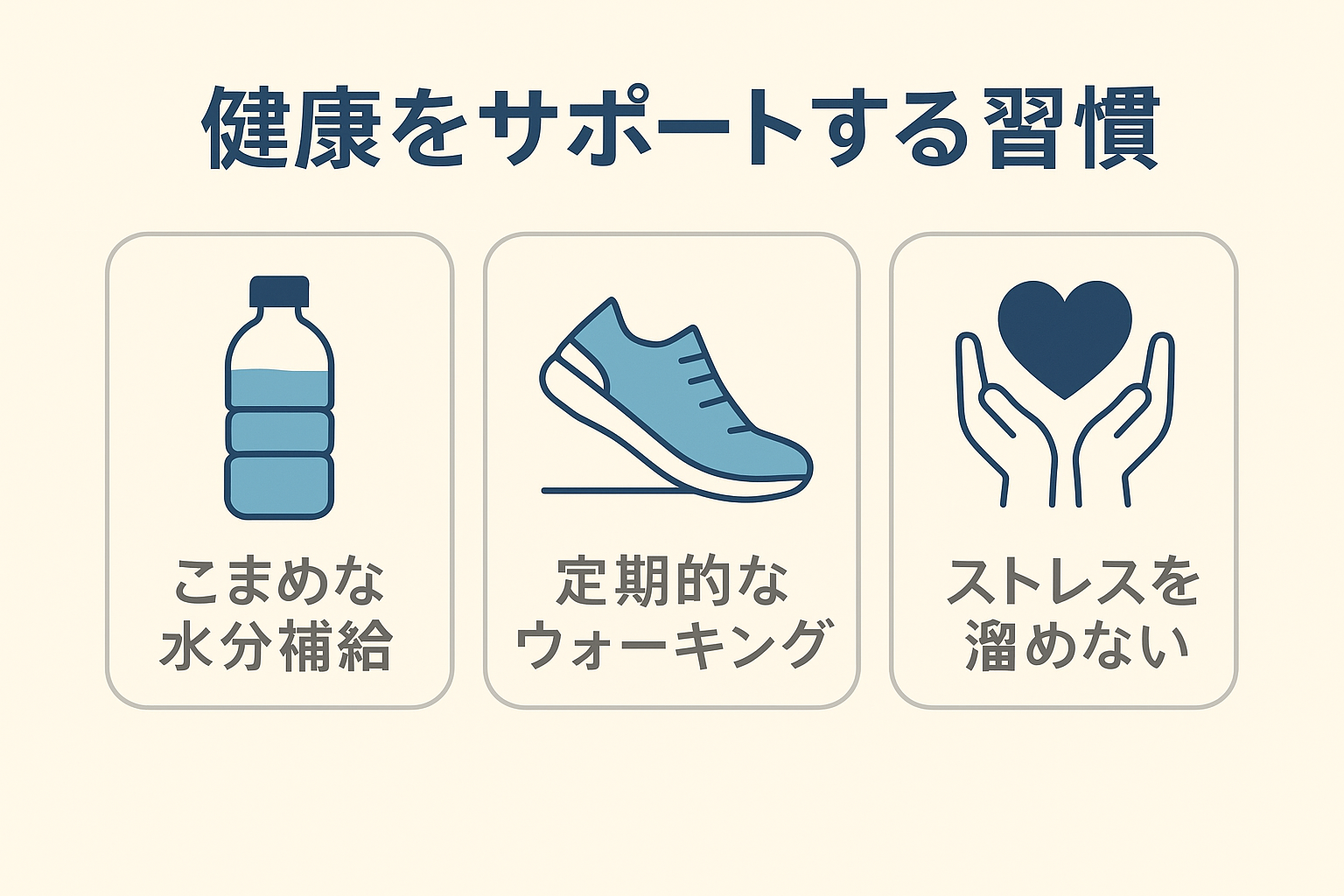 健康を支える3つの習慣「こまめな水分補給」「定期的なウォーキング」「ストレスを溜めない」が並ぶ日本語図解
