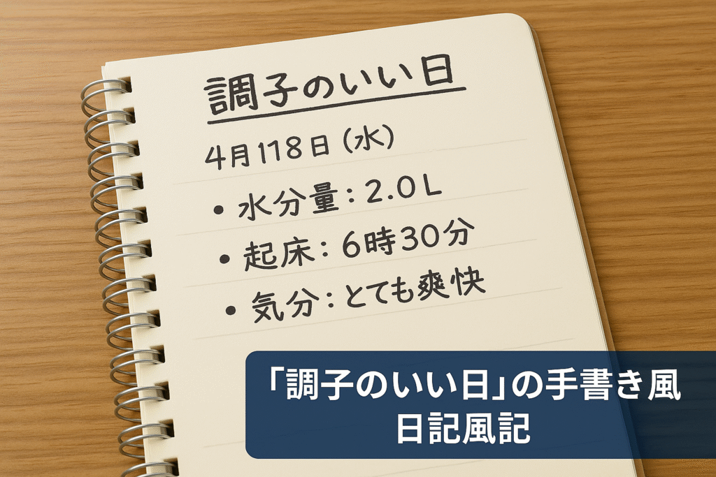 調子が良かった日の記録を手書き風にまとめた日記イメージ。起床時刻、水分量、気分などの要素が並ぶ。