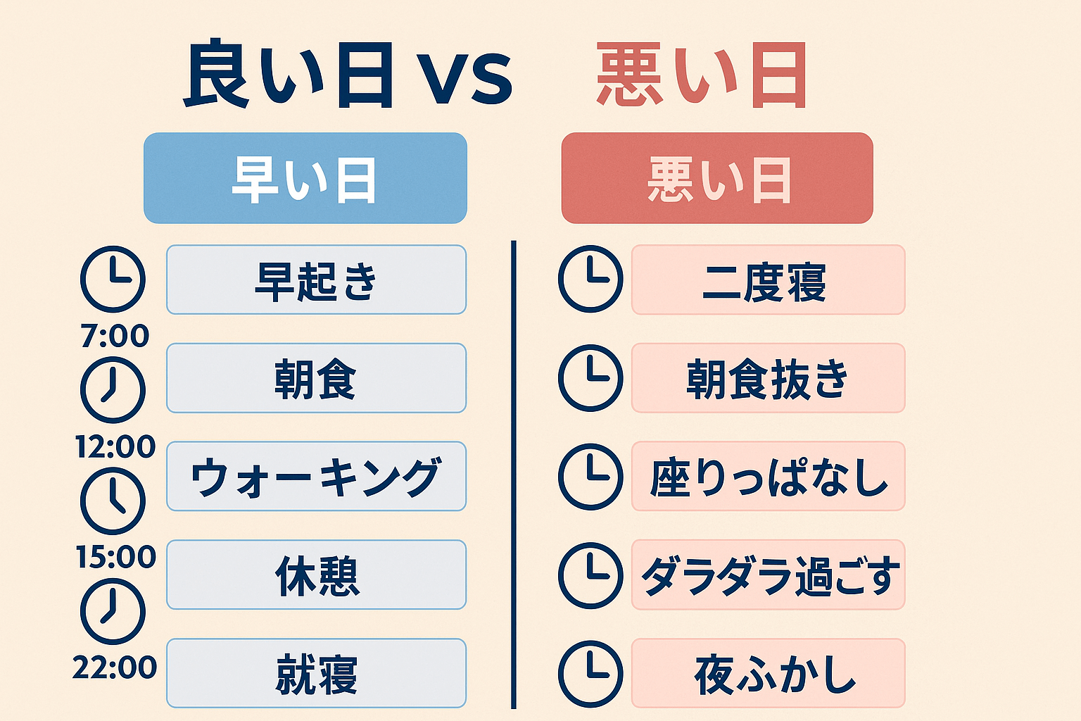 調子が良かった日と悪かった日を、朝から夜までの行動で比較した日本語インフォグラフィック