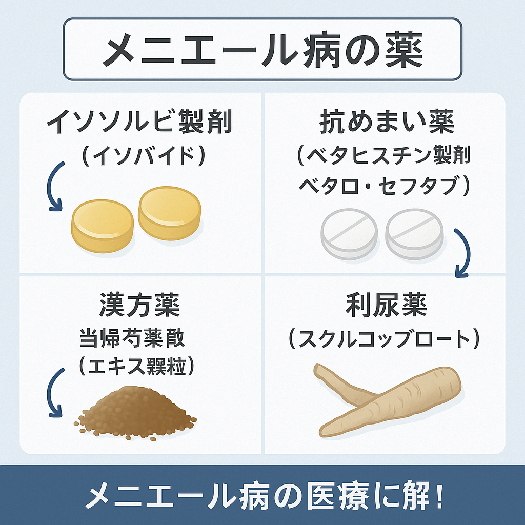 メニエール病で使われる薬を、作用別に4象限に分類した日本語インフォグラフィック