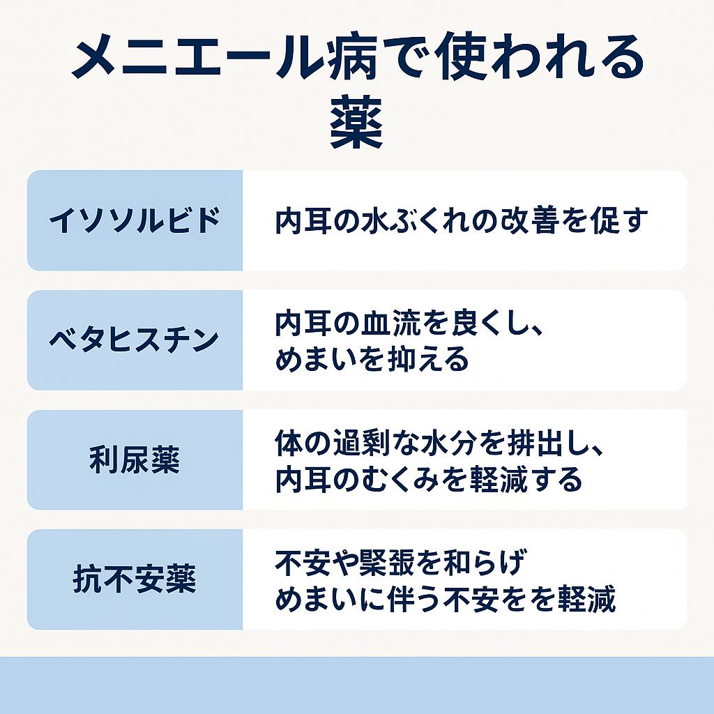 メニエール病の薬ごとの効果・特徴をまとめた日本語縦型インフォグラフィック