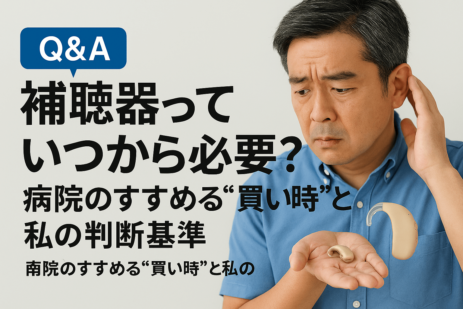 補聴器を手に取る中年男性が「いつから必要か」を考える様子の画像