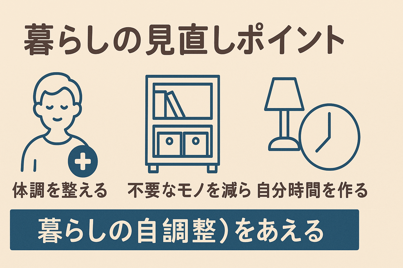 体調・モノ・時間を整える暮らしの見直しポイントを3項目で紹介した日本語図解