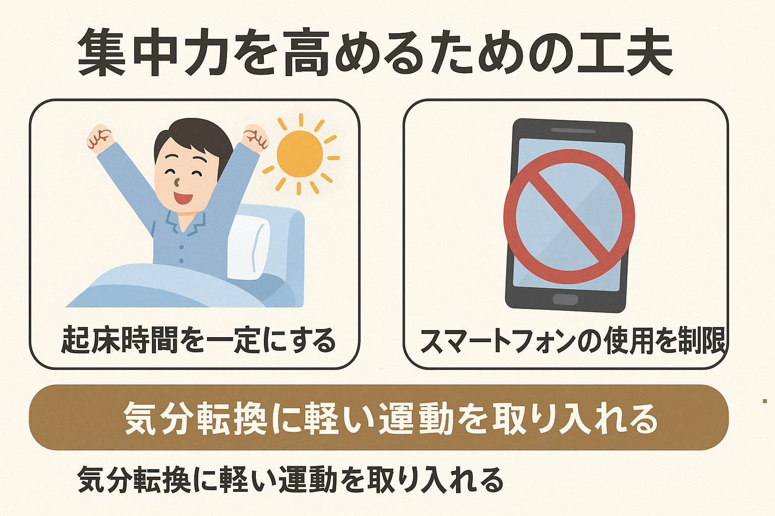 起床時間を一定にすることとスマートフォンの使用制限による集中力改善のコツを紹介した日本語図解