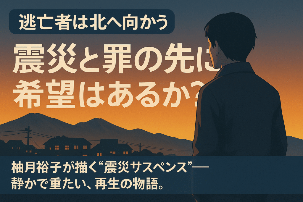 逃亡者の背中越しに夕暮れの街を見つめる男性と、「震災と罪の先に希望はあるか？」というメッセージが書かれたアイキャッチ画像