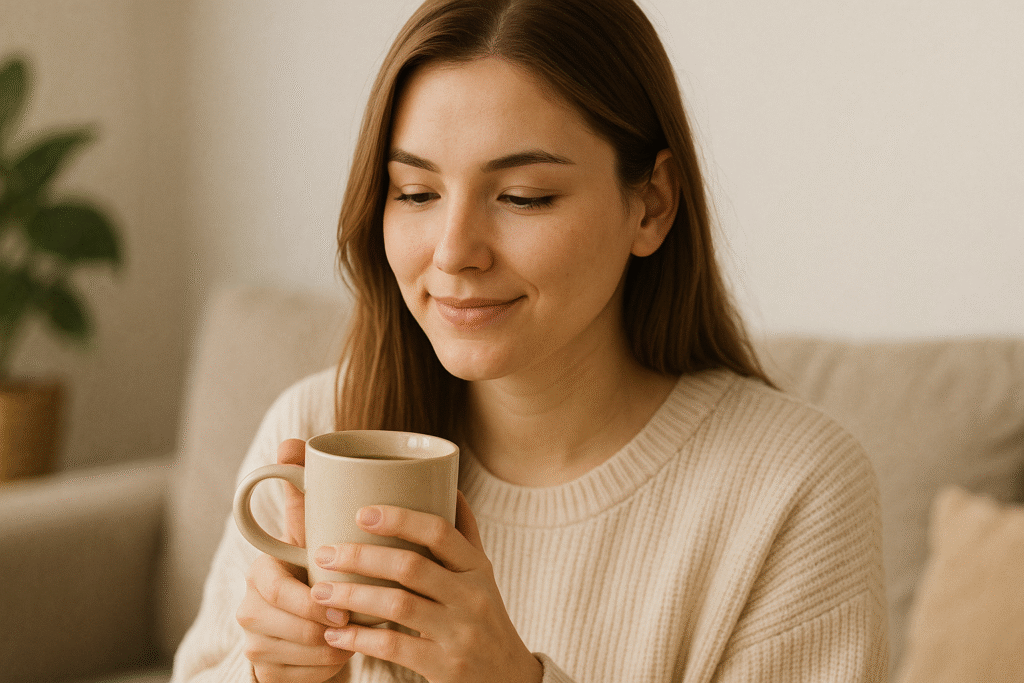 コーヒーを両手で持ち、穏やかな表情を浮かべる女性の写真。心身を休めるセルフケアの象徴。