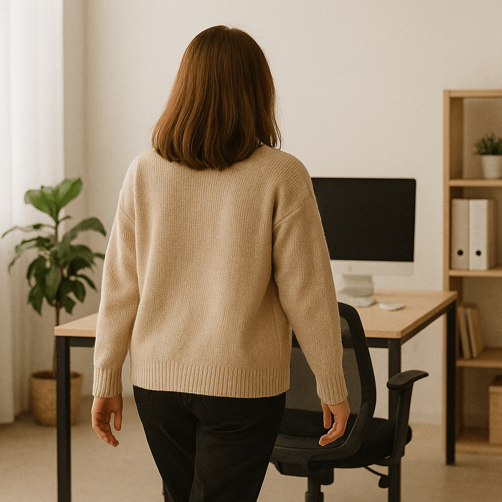 オフィスのデスクに向かう女性の後ろ姿。静かに仕事へ戻る姿勢を描いた写真。