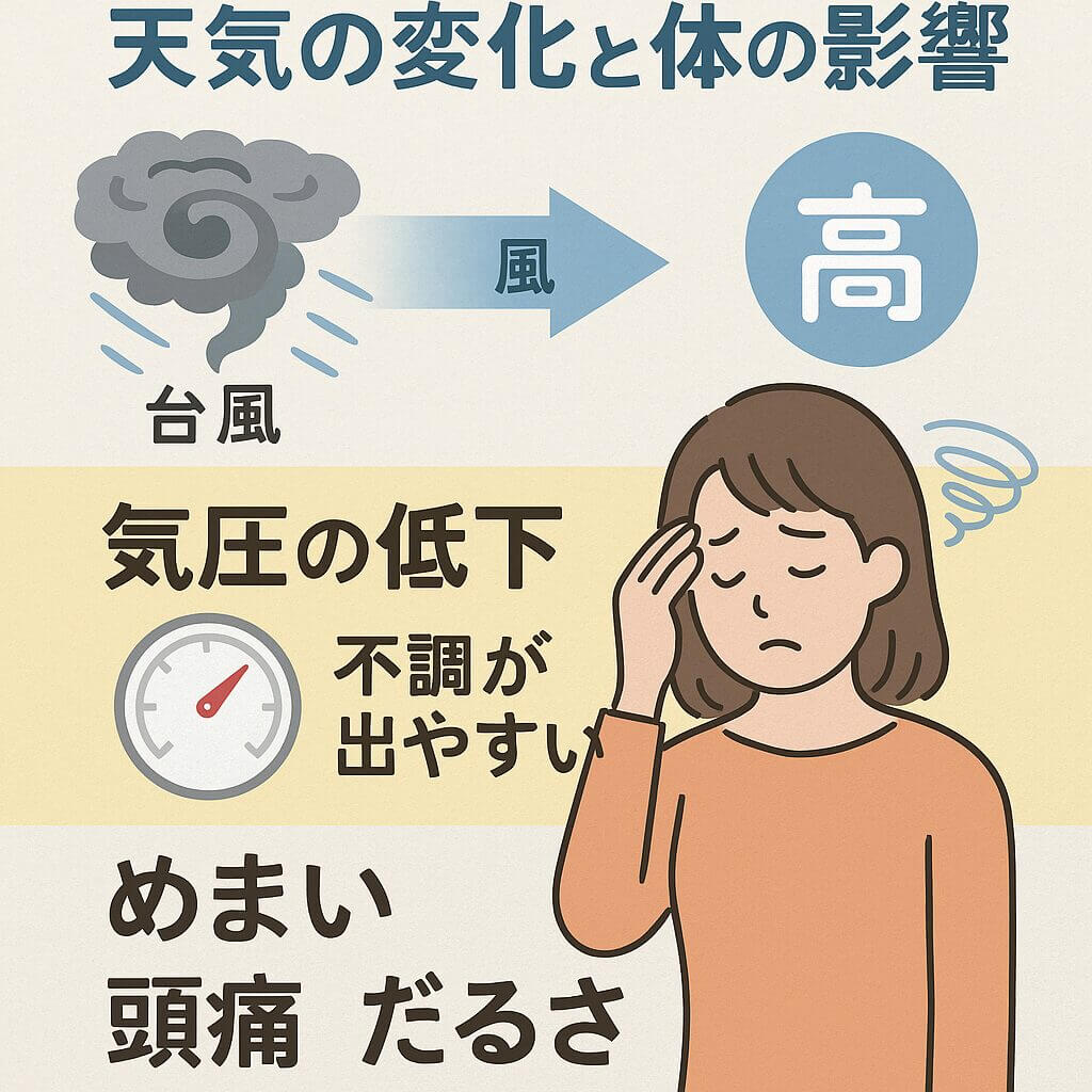 気圧の低下によって自律神経が乱れ、頭痛やめまいが生じることを説明する日本語の図解イラスト。