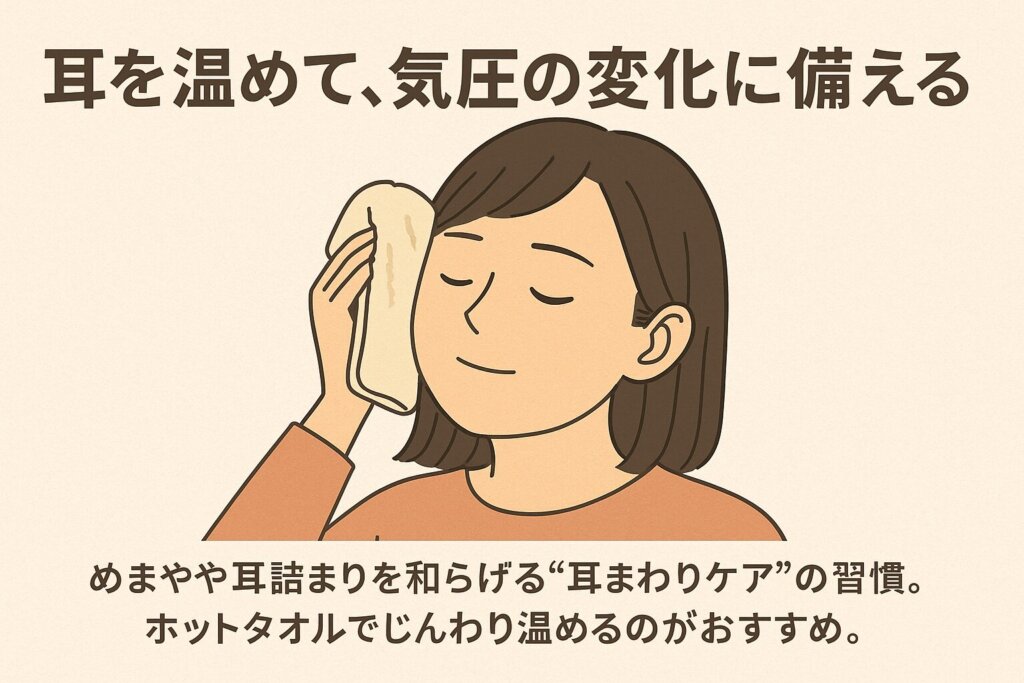ホットタオルで耳を優しく温める女性のセルフケアイラスト。台風による不調対策を表現。