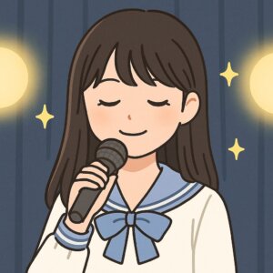 ステージでマイクを持ち、目を閉じて歌うセーラー服の女の子のイラスト