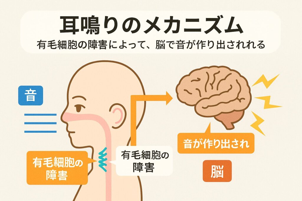 耳鳴りのメカニズムを示す図解。音が内耳の有毛細胞に到達し、障害によって脳が音を作り出すプロセスが描かれている。