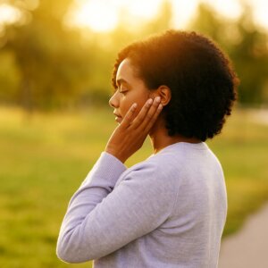 耳に手を当てて静かに目を閉じる女性の横顔、夕方の屋外でリラックスする様子