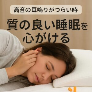 耳に手を当てて眠る女性と「高音の耳鳴りがつらい時　質の良い睡眠を心がける」の文字
