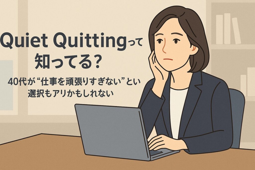 Quiet Quittingに悩む40代女性がノートPCを前に思案しているイラスト