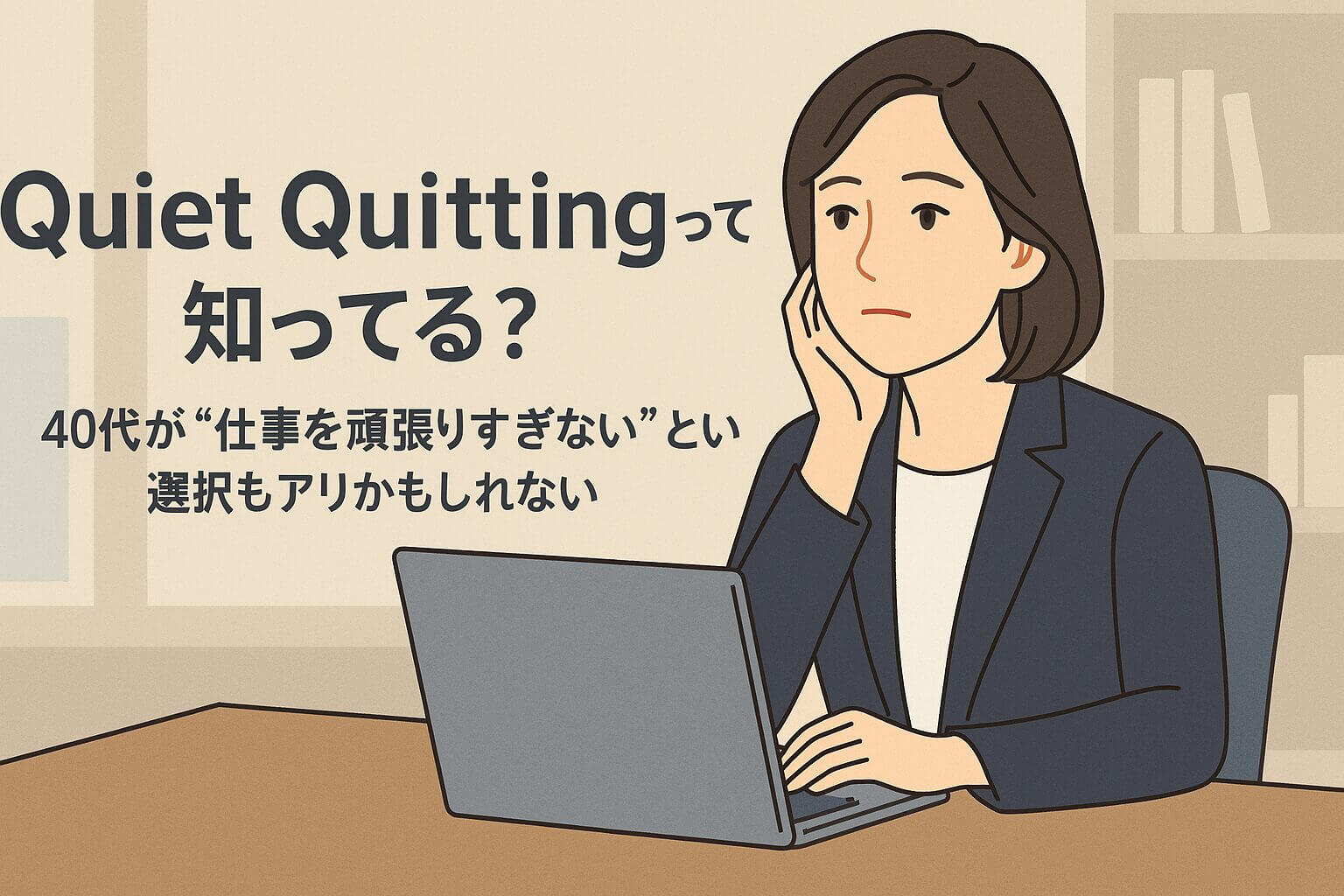 Quiet Quittingに悩む40代女性がノートPCを前に思案しているイラスト