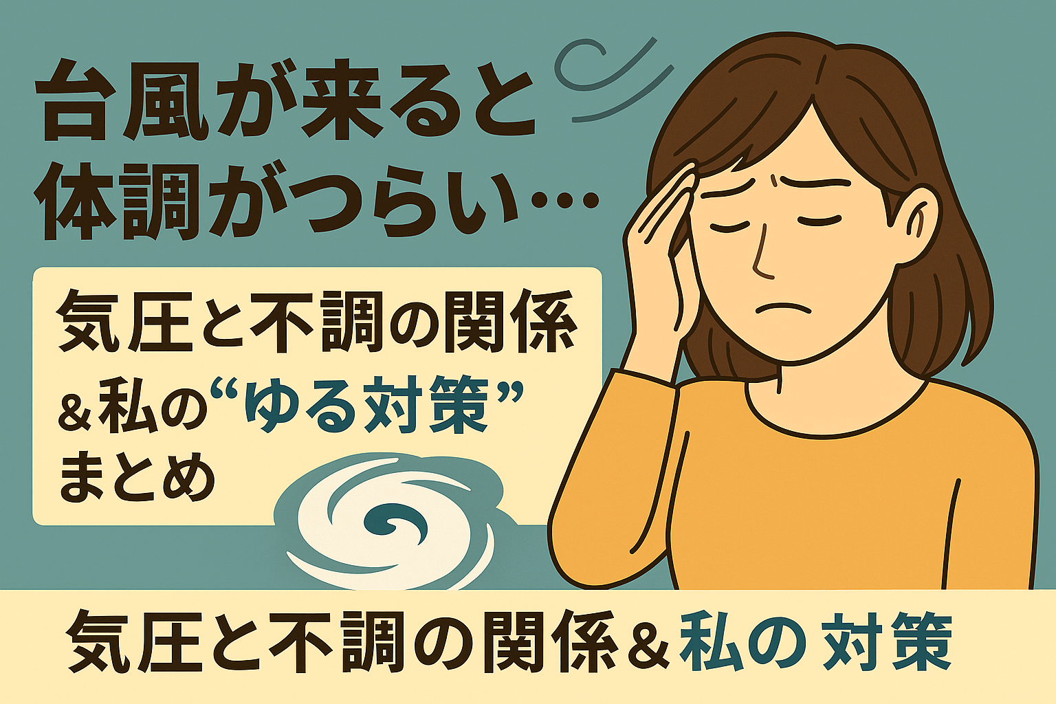 台風が接近する中で体調不良に悩む女性を描いた日本語のイラスト。気圧と体調の関係について説明する見出し付き。