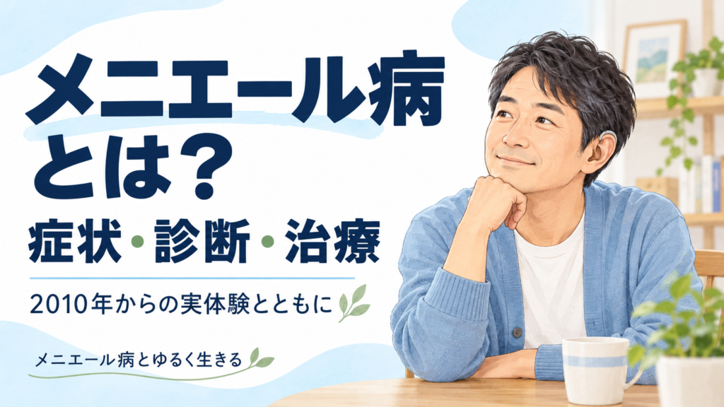補聴器をつけた男性と、メニエール病の症状・診断・治療、2010年からの実体験を紹介する文字を配置したアイキャッチ