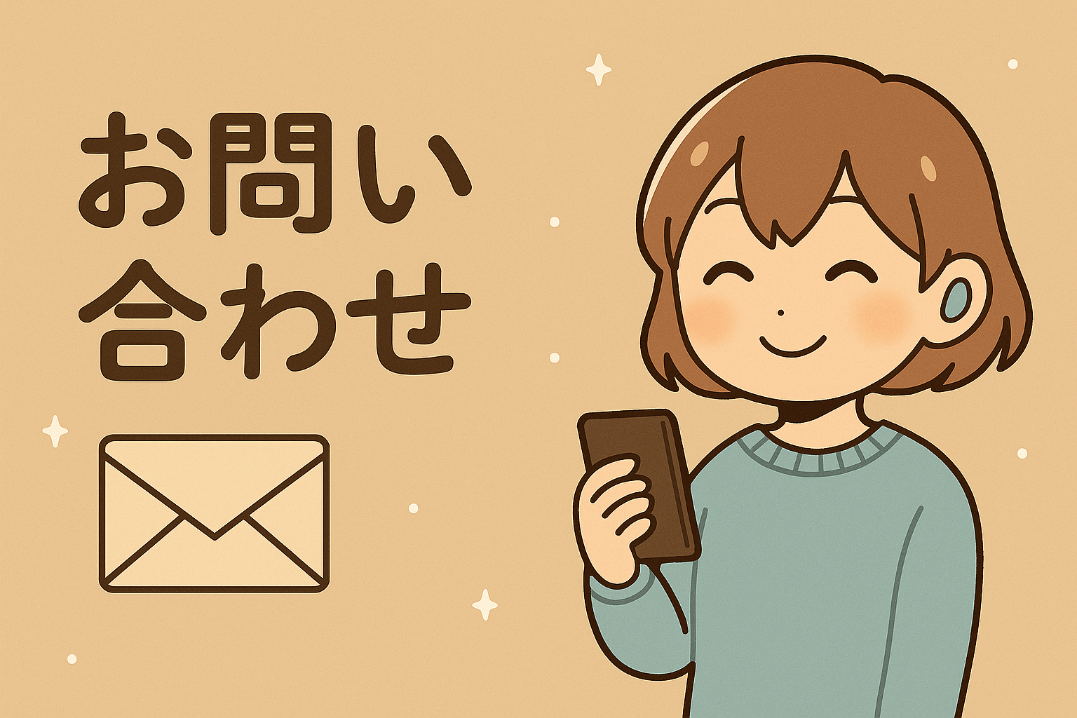 お問い合わせページを案内する女性のイラストとメールアイコン