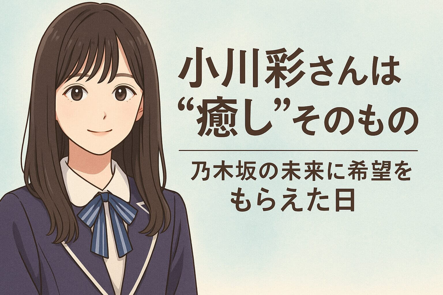 乃木坂46の小川彩さんを描いたイラスト風アイキャッチ画像。制服姿で微笑む姿が柔らかな雰囲気を演出。