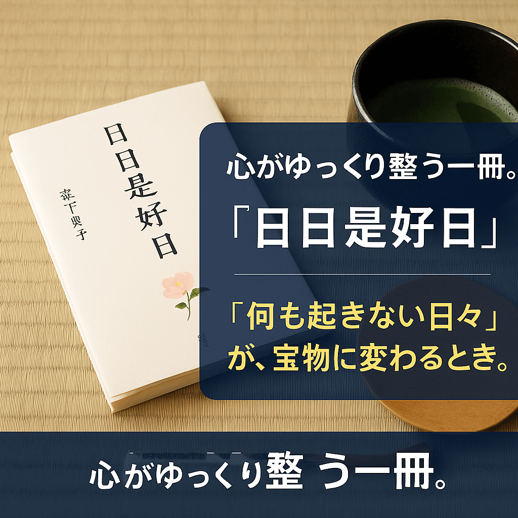 『日日是好日』の書籍と抹茶茶碗が並ぶ、静かな雰囲気のアイキャッチ画像。読書の癒しを伝える日本語テキスト入り。