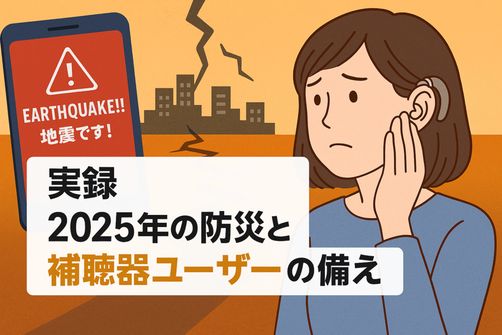 2025年の防災に備える補聴器ユーザーを描いた日本語テキスト付きのアイキャッチ画像