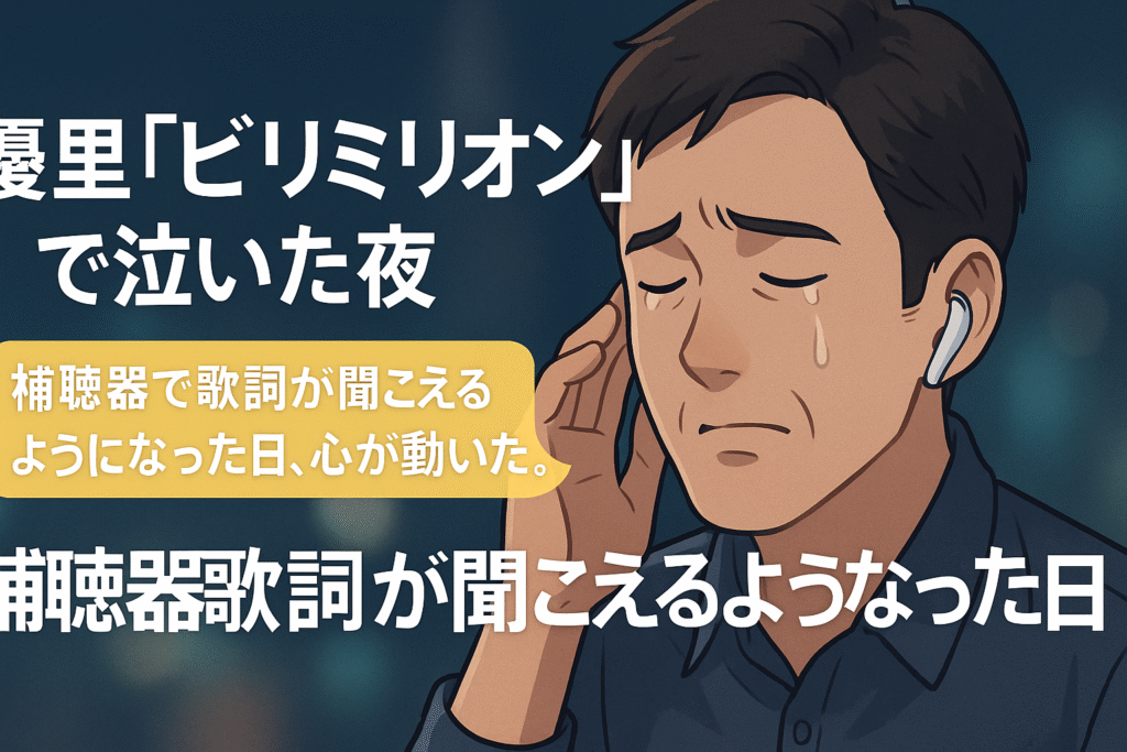 補聴器を通して歌詞が聞こえるようになり感動する男性のイラストと、「ビリミリオンで泣いた夜」のタイトル