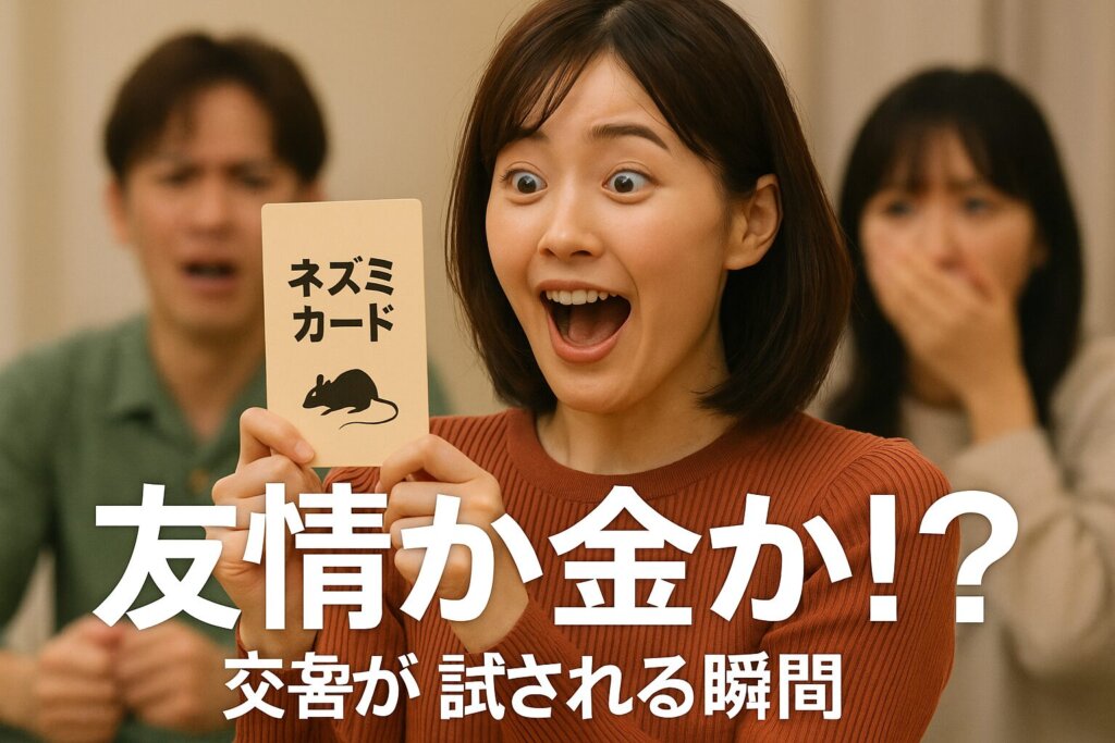 女性が「ネズミカード」を手に取り、目を見開いて驚く表情を見せる場面。背景には動揺する2人の男女。テキストに「友情か金か!?」と大きく表示。
