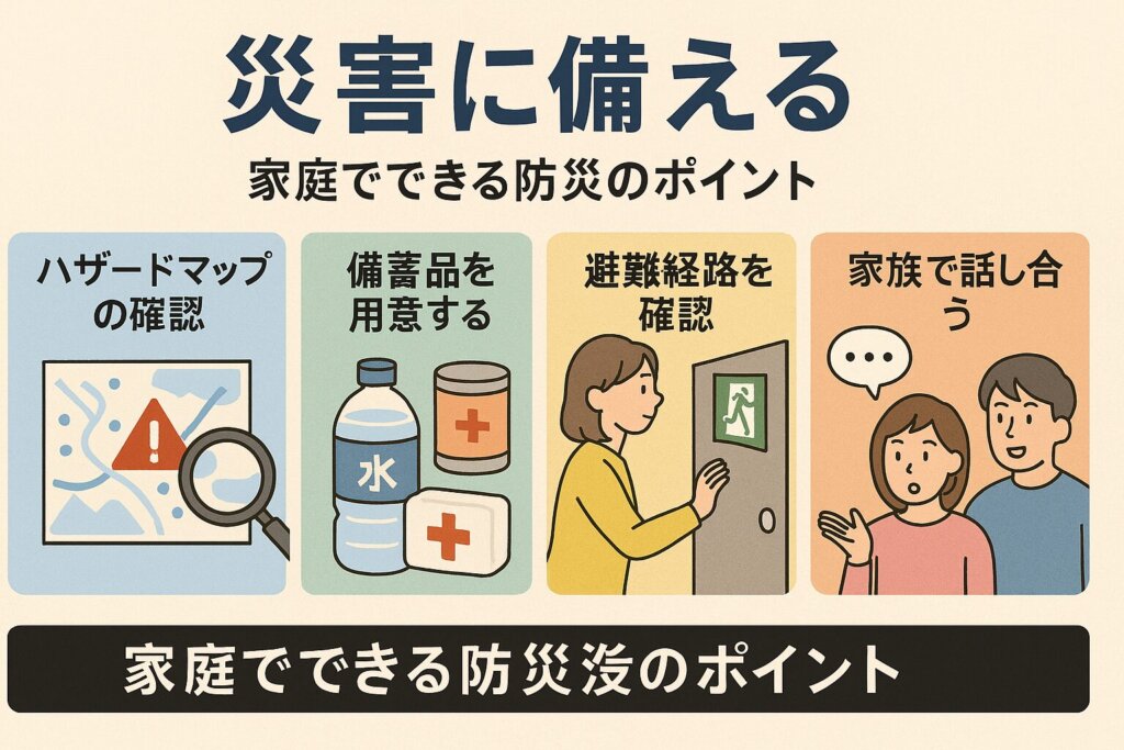 災害に備えるための家庭でできる防災ポイントを図解した日本語インフォグラフィック