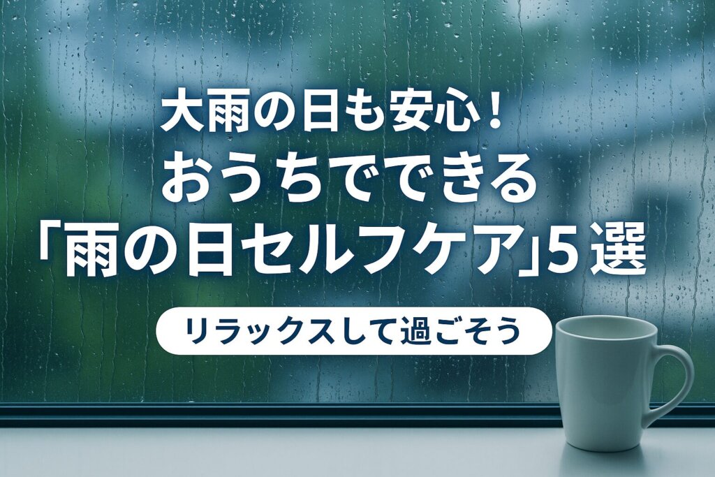 大雨の日に自宅でできる雨の日セルフケア5選を紹介するブログ記事のアイキャッチ画像。雨粒がついた窓と白いマグカップ。