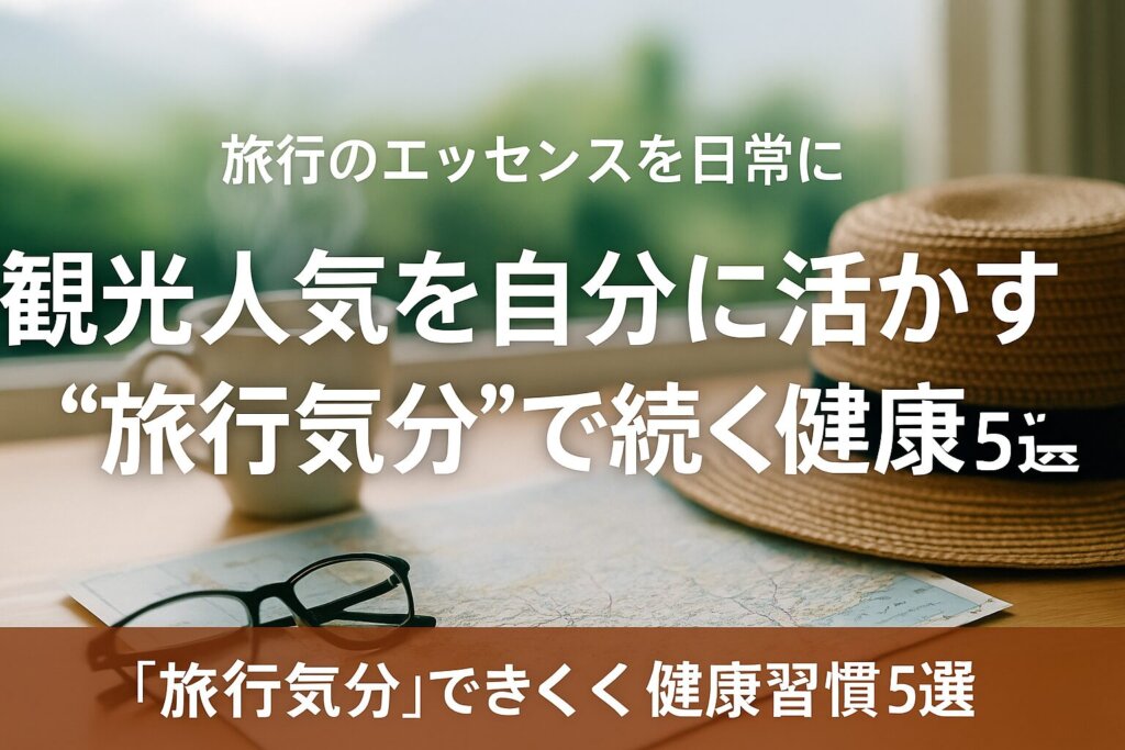 観光人気を自分に活かす“旅行気分”で続く健康習慣をテーマにしたアイキャッチ画像。机の上に地図、眼鏡、麦わら帽子、マグカップが置かれ、窓の外には緑の景色が広がる。