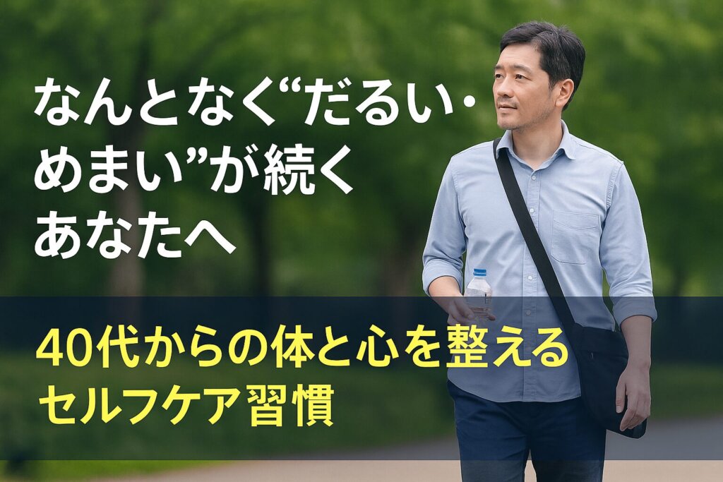だるさや軽いめまいを感じる40代男性が、公園を歩きながらセルフケアを意識している様子