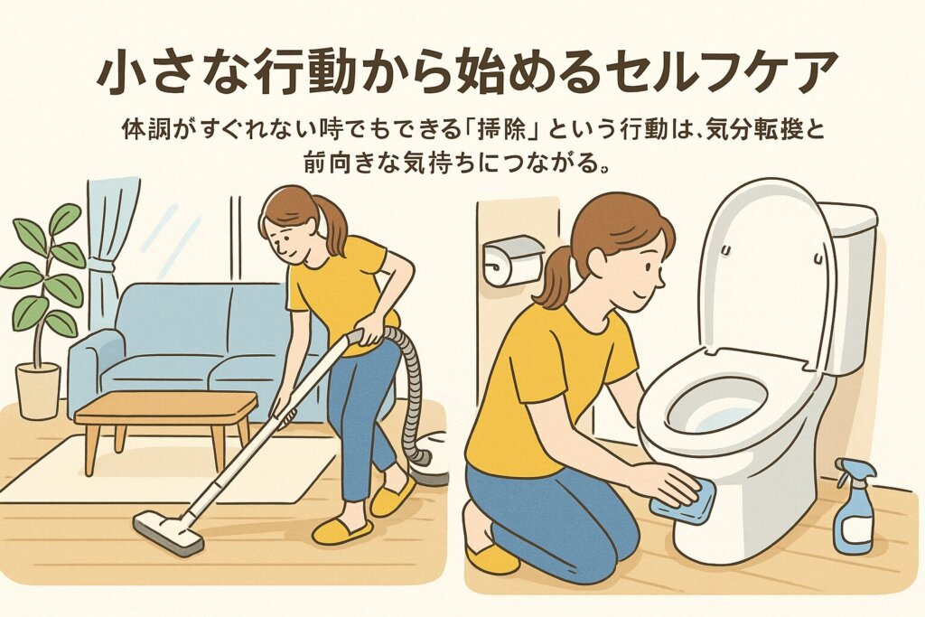 部屋を掃除する女性と、トイレを拭き掃除している女性のイラスト。小さな行動から始めるセルフケアを表現。