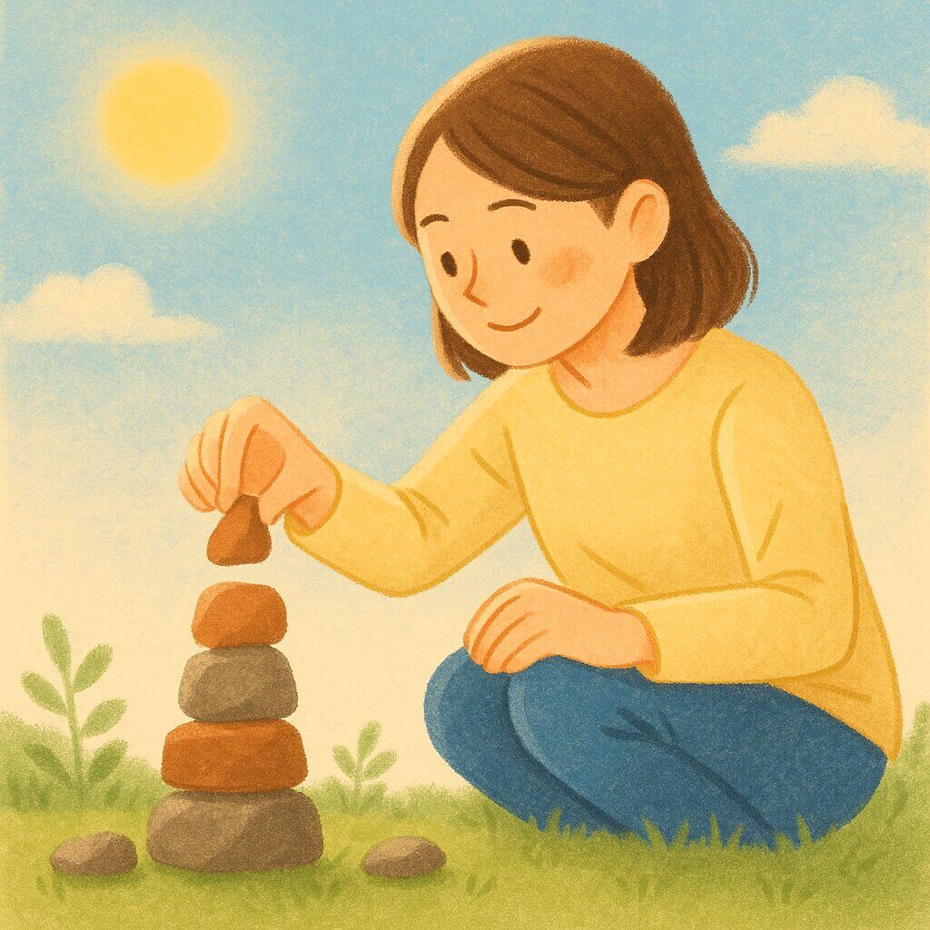 小さな石を一つずつ積み上げて塔を作る女性のイラスト。明るい朝の空を背景に、継続の力を表現している。