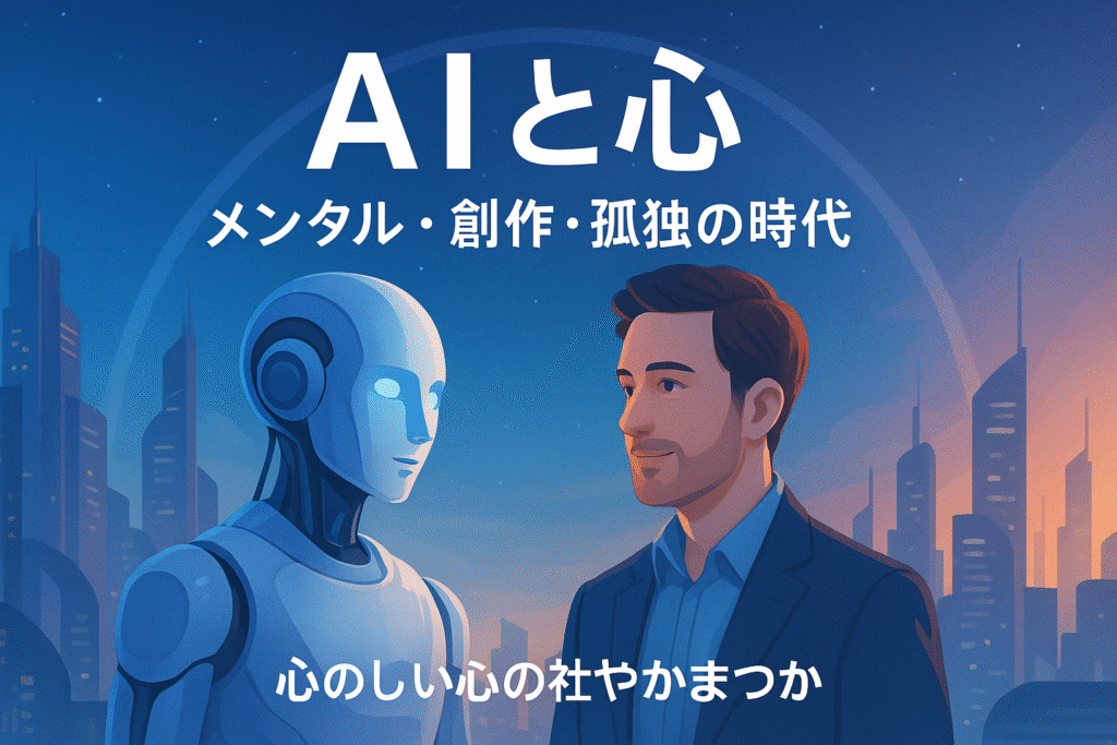 AIと人間が光に包まれて穏やかに対話するイラスト。温かく希望を感じる未来的な雰囲気。