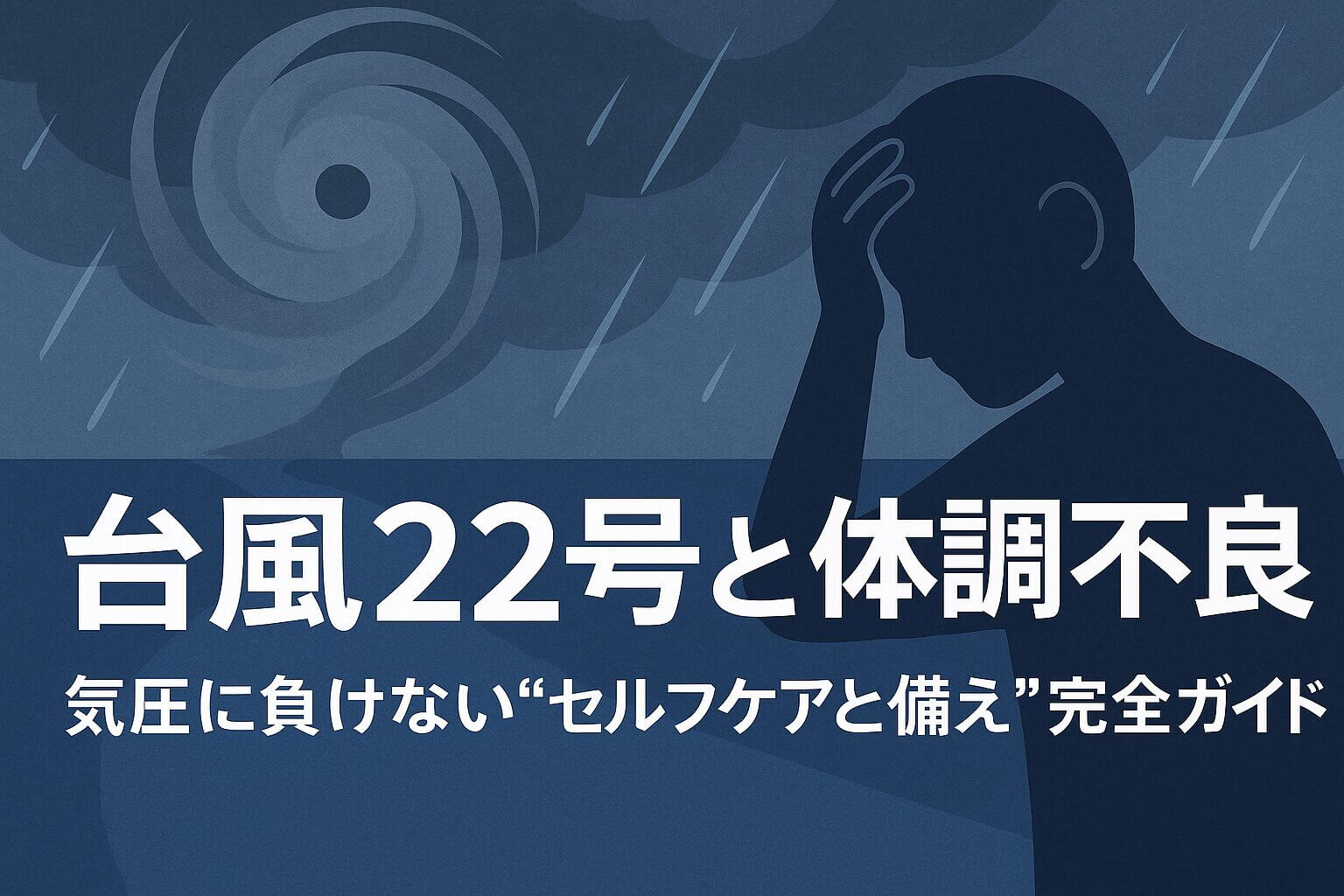台風22号の接近と体調不良をテーマにしたアイキャッチ画像。灰色の空と傘をさす人のシルエットが描かれている。