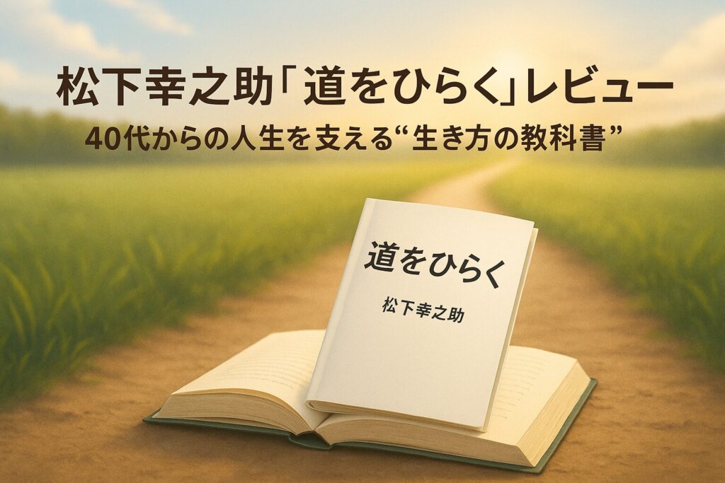 松下幸之助『道をひらく』レビュー記事のアイキャッチ画像。朝の光と開かれた本、希望の道が描かれたデザイン。